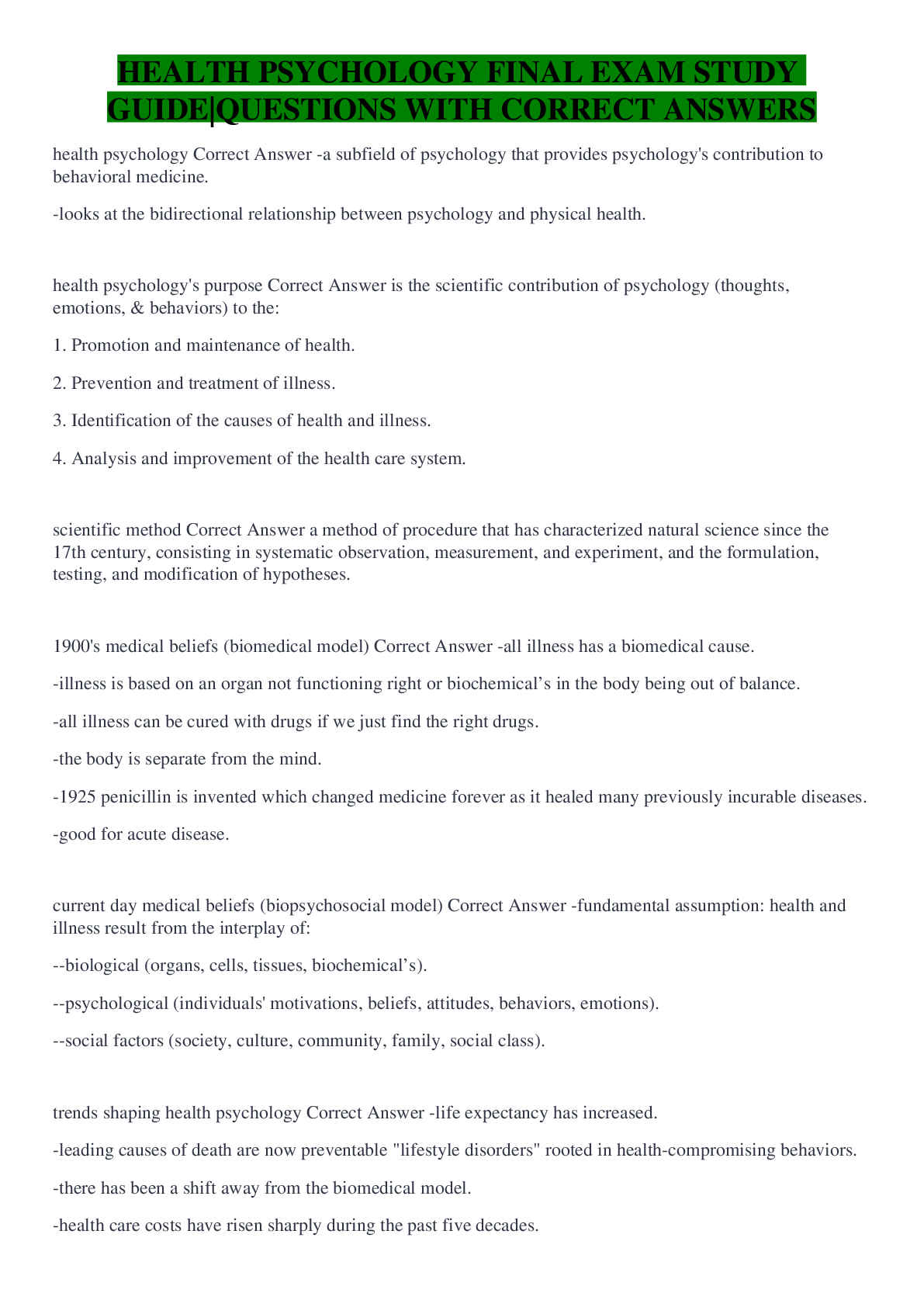 Preview image for HEALTH PSYCHOLOGY FINAL EXAM STUDY GUIDE|QUESTIONS WITH CORRECT ANSWERS
